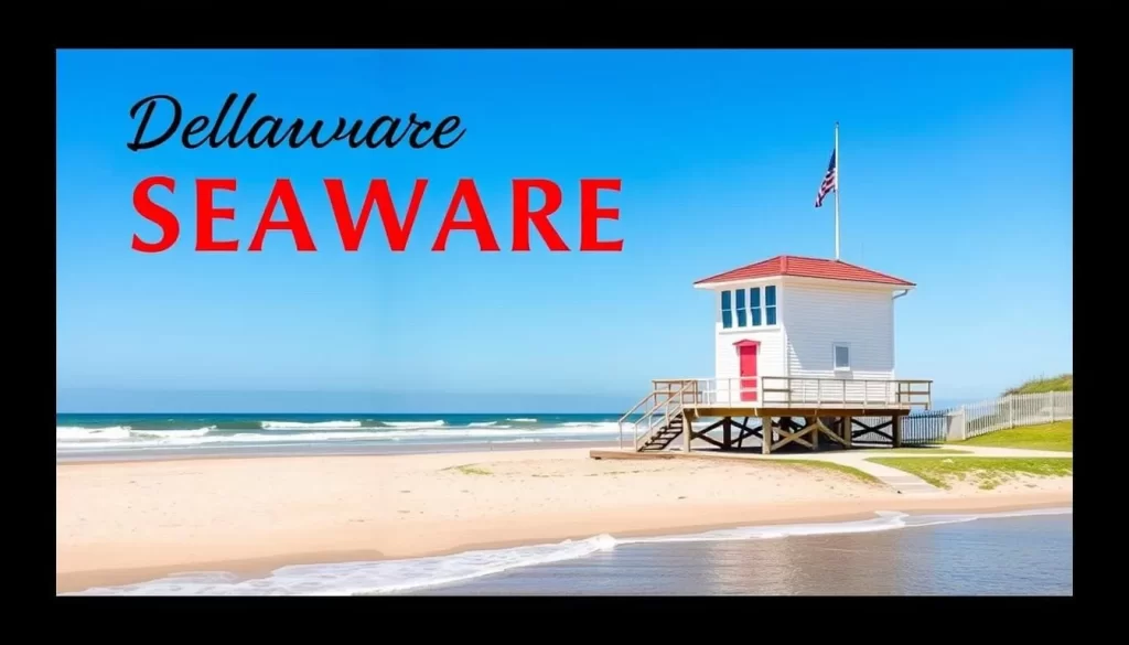 Generate an image of Delaware Seashore State Park with its ocean and bay beaches, and the Indian River Life-Saving Station.