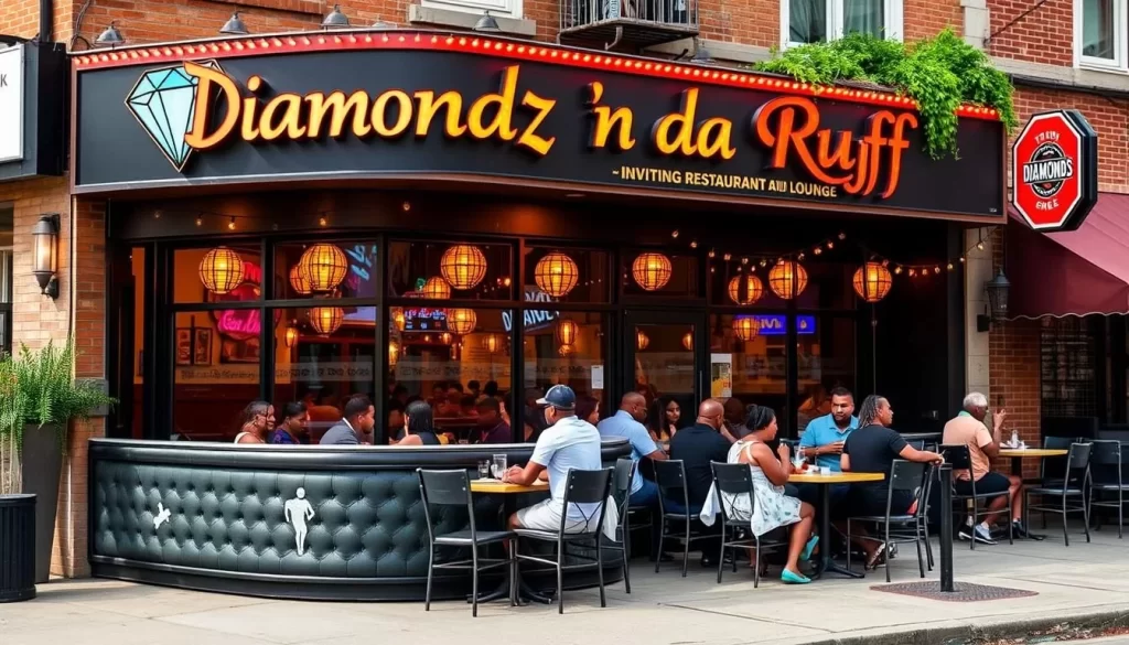 Generate an image of Diamondz n da Ruff, a restaurant and lounge in Newark, New Jersey