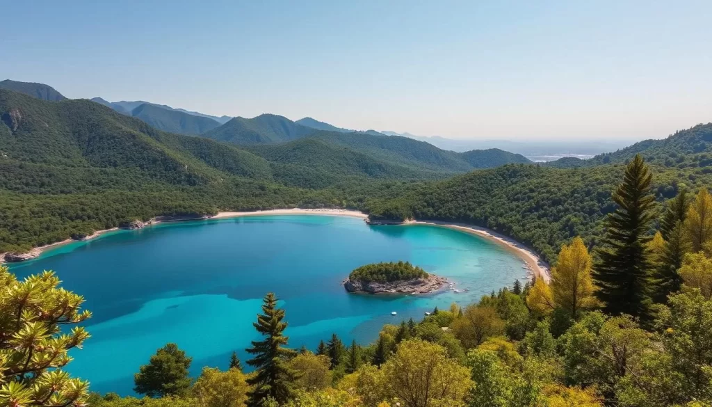 Generate an image of Dilek Peninsula National Park, highlighting its beautiful beaches and lush forests.