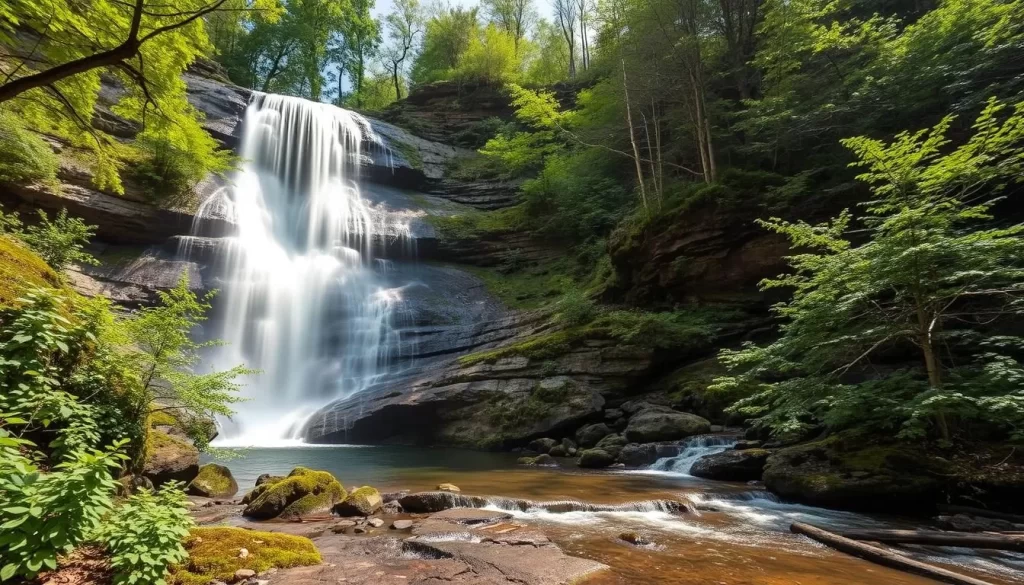 Generate an image of Dingmans Falls in Delaware Water Gap, showcasing its 130-foot waterfall and surrounding lush greenery.