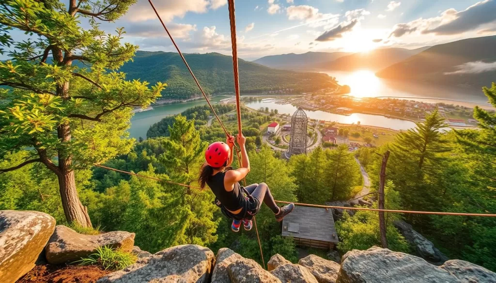 Generate an image of District21 Adventure Park's thrilling activities and scenic views.
