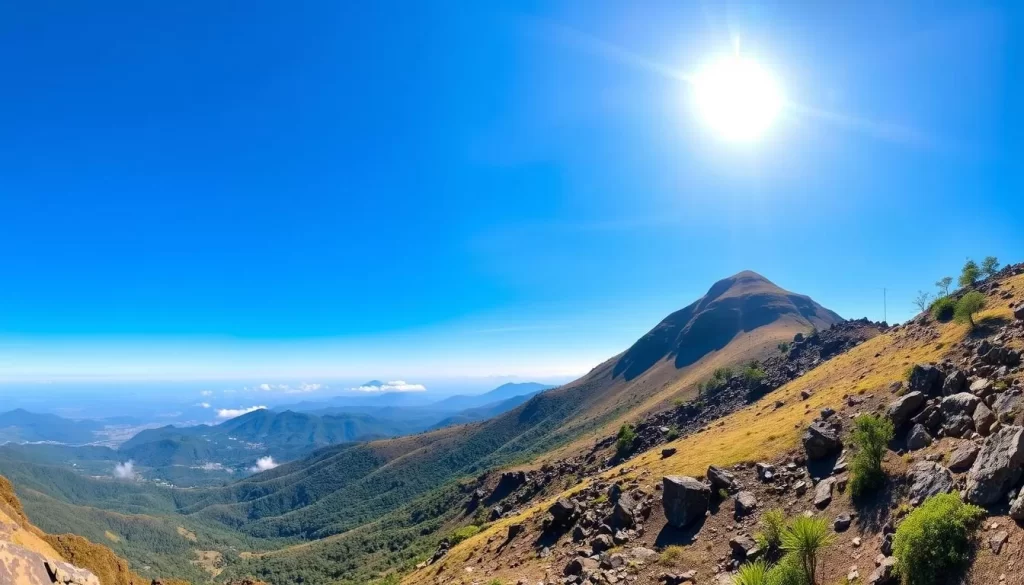 Generate an image of Doddabetta Peak, the highest point in the Nilgiri mountain range, with a panoramic view.