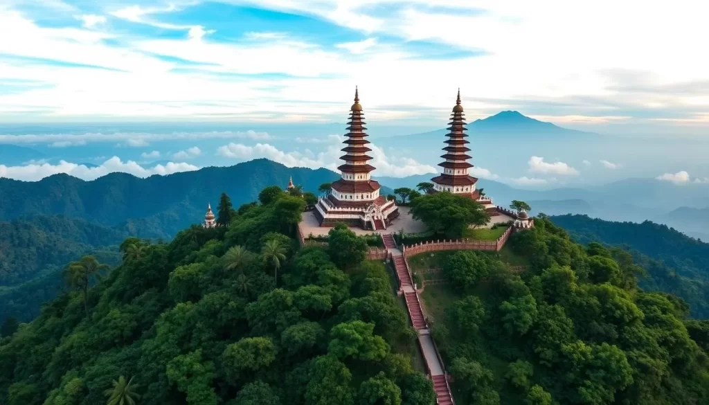 Generate an image of Doi Inthanon National Park's peak with twin pagodas.