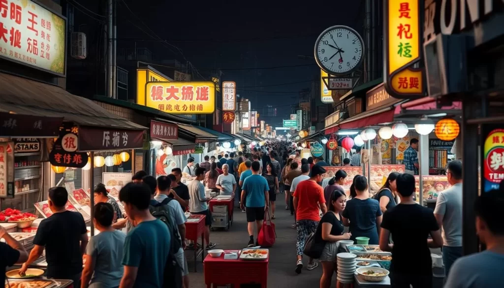 Generate an image of Dongdamen Night Market in Hualien, showcasing its vibrant atmosphere and variety of food stalls.