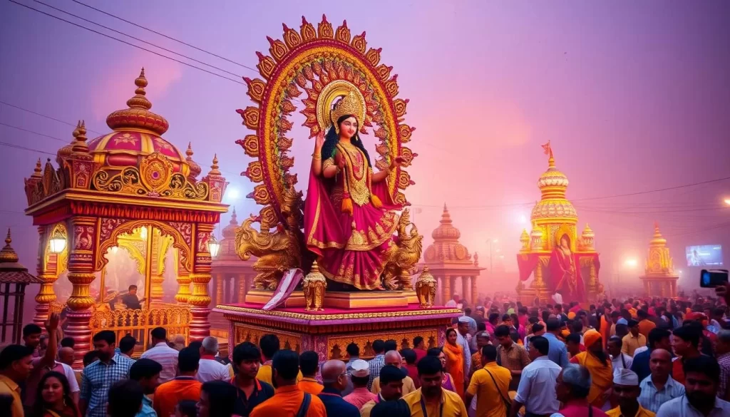 Generate an image of Durga Puja celebrations in West Bengal, with pandals and idols.