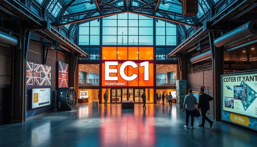 Generate an image of EC1 Science and Technology Center, showcasing its modern exhibitions and industrial architecture.