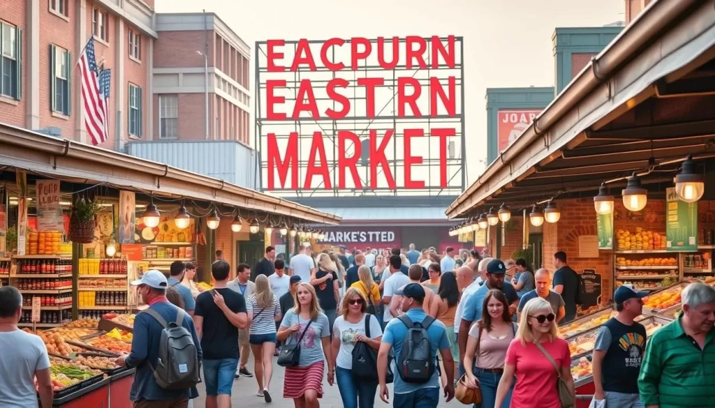 Generate an image of Eastern Market's bustling Saturday morning scene with vendors and shoppers.