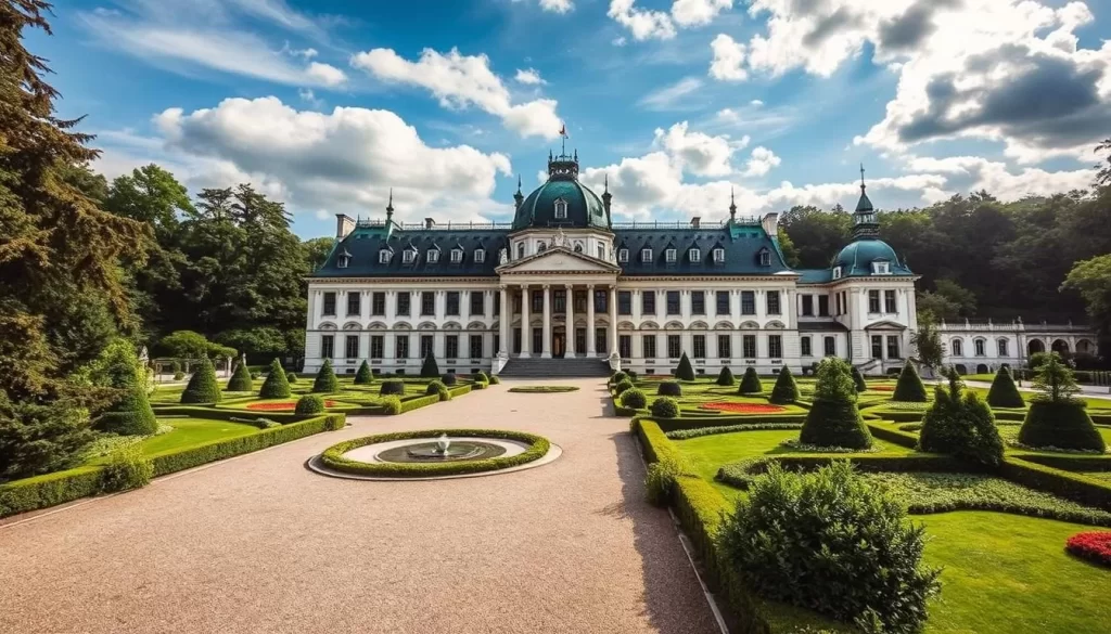 Generate an image of Eggenberg Palace, showcasing its Baroque architecture and beautiful gardens.