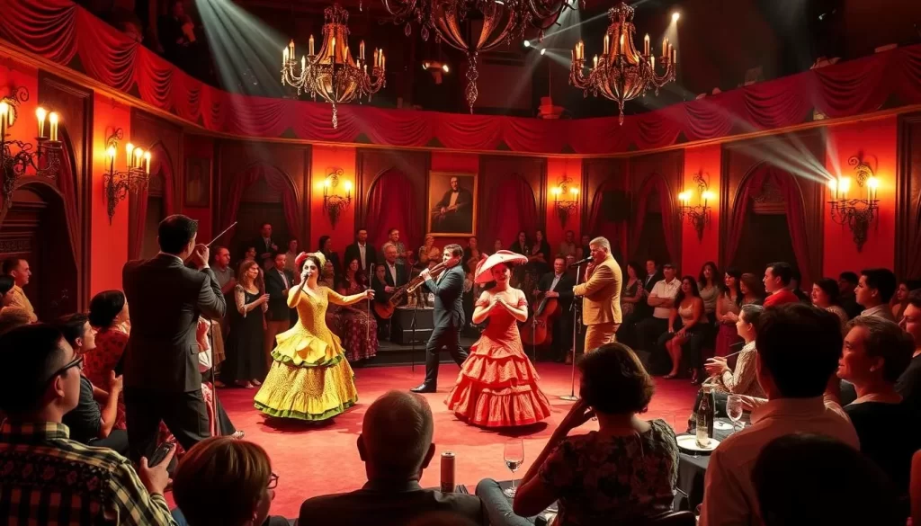 Generate an image of El Cid's flamenco dinner theater, capturing the vibrant atmosphere and the performers.