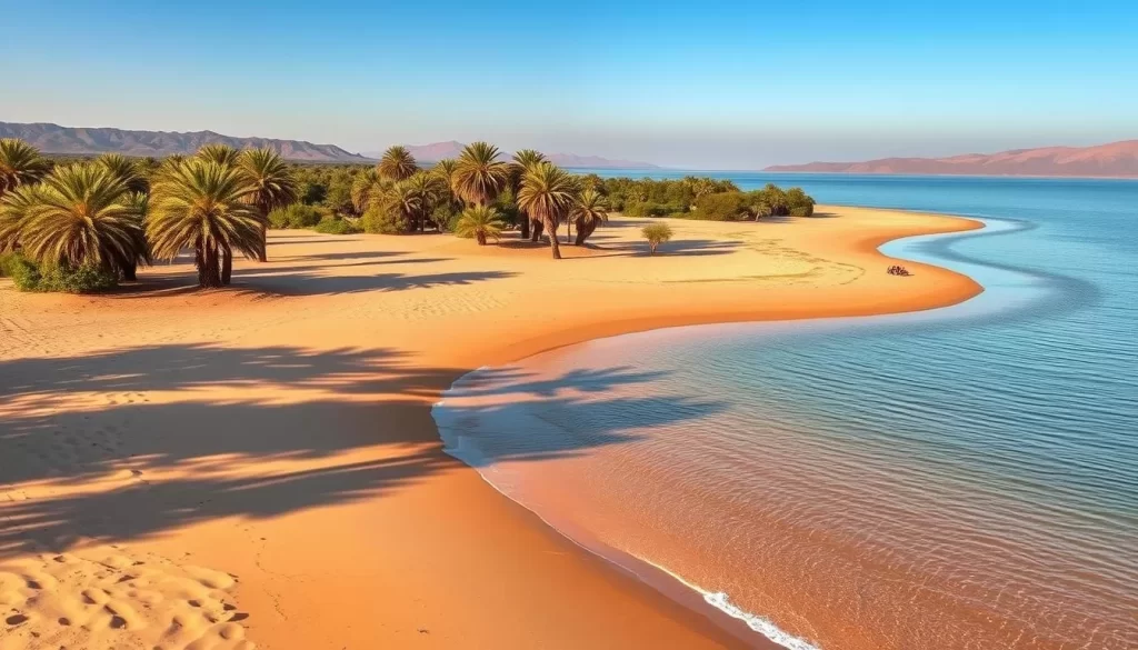 Generate an image of Eliye Springs Beach with deserted sandy beaches fringed by palm groves and the warm waters of Lake Turkana in the background.