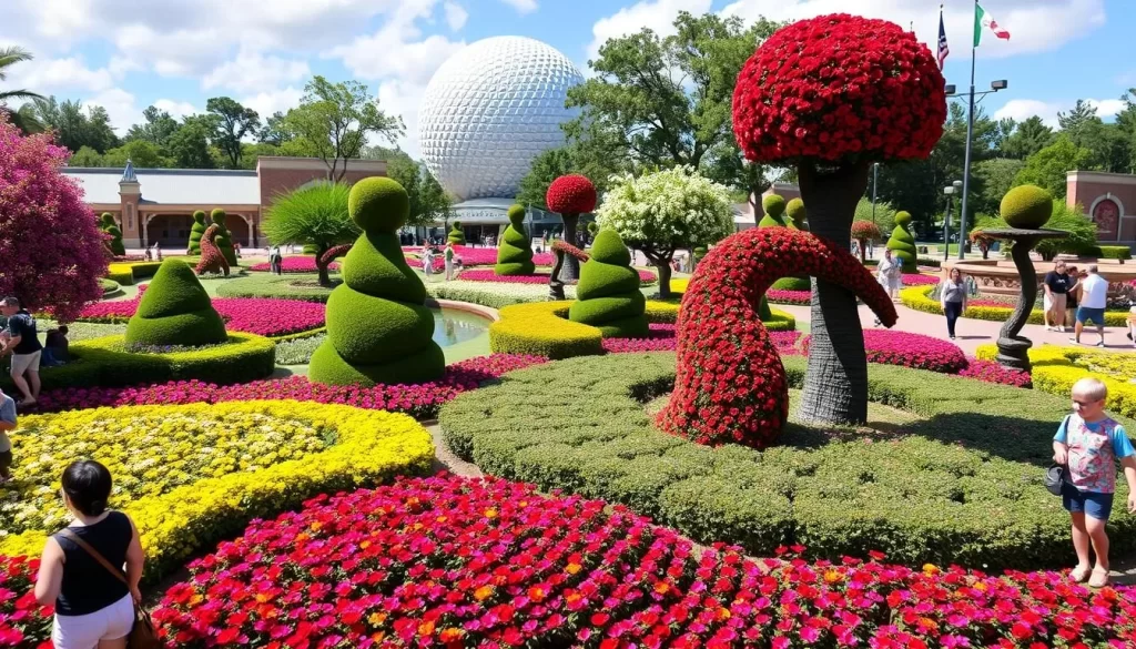 Generate an image of Epcot's gardens in full bloom with beautiful topiaries and visitors enjoying the scenery.