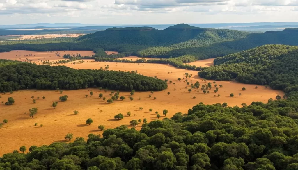 Generate an image of Fazao-Malfakassa National Park's diverse landscapes, including savannah grasslands and dense forests.