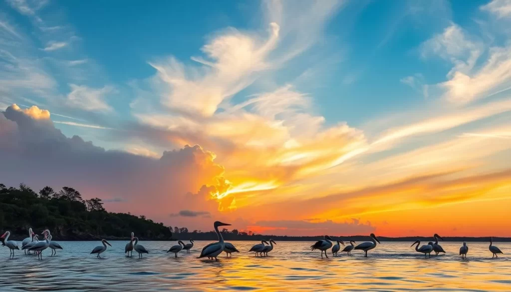 Generate an image of Ferguson Bay at sunrise with pelicans and flamingos in the foreground.
