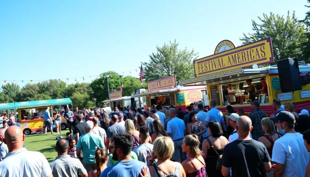 Generate an image of Festival Americas at Guthrie Green, featuring live music performances, food trucks, and people enjoying the festival atmosphere.