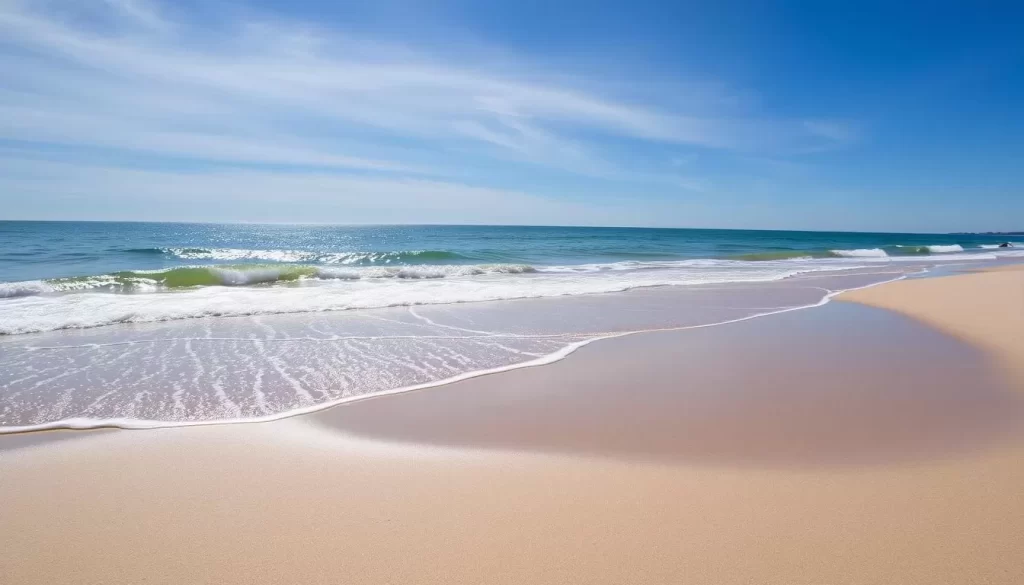 Generate an image of Fine Sand Beach on Swan's Island, Maine, showcasing its fine sand and warm waters.