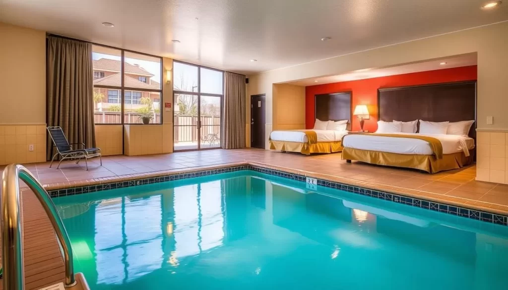 Generate an image of Fireside Inn & Suites, featuring spacious rooms and an indoor pool.