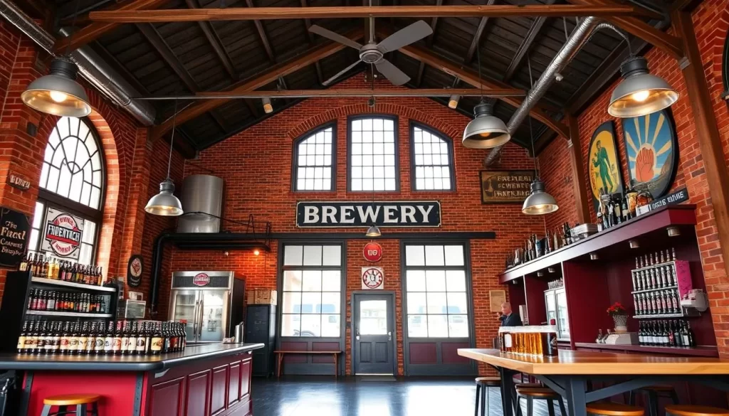 Generate an image of Firetrucker Brewery's interior, showcasing its historic fire station setting and craft beers.