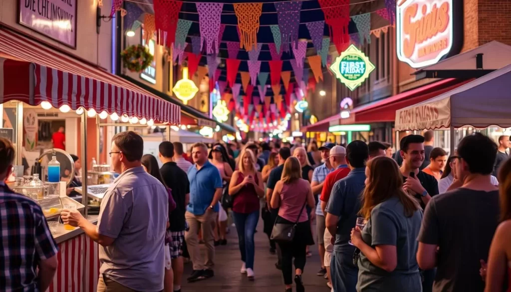 Generate an image of First Fridays on Main Street in Mitchell, SD, with people enjoying food, drinks, and live music.