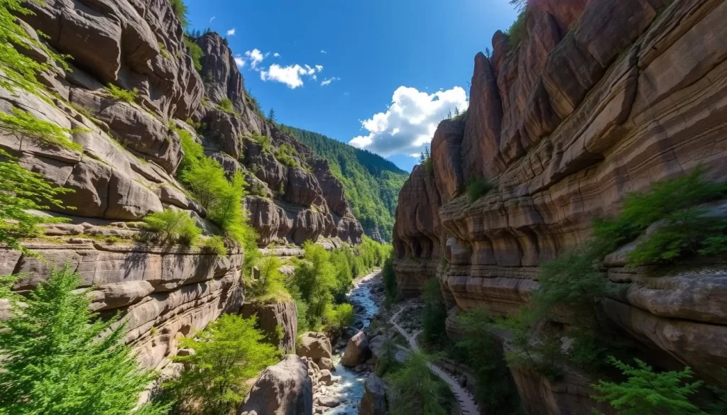 Generate an image of Flume Gorge in Franconia Notch State Park, showcasing its natural beauty and scenic hiking trails.