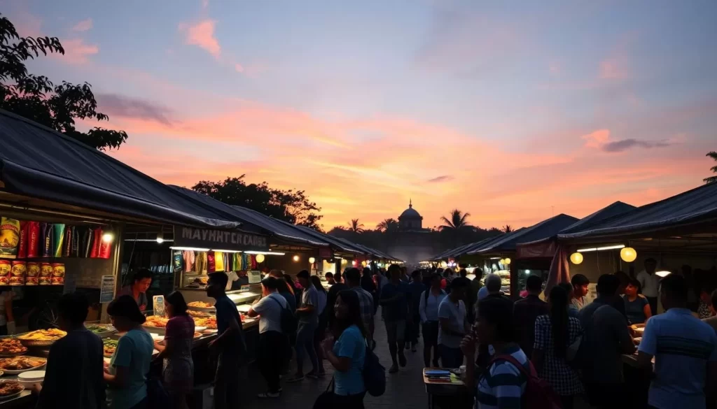 Generate an image of Forodhani Gardens Night Market at sunset, with vibrant street food stalls and people enjoying local cuisine.