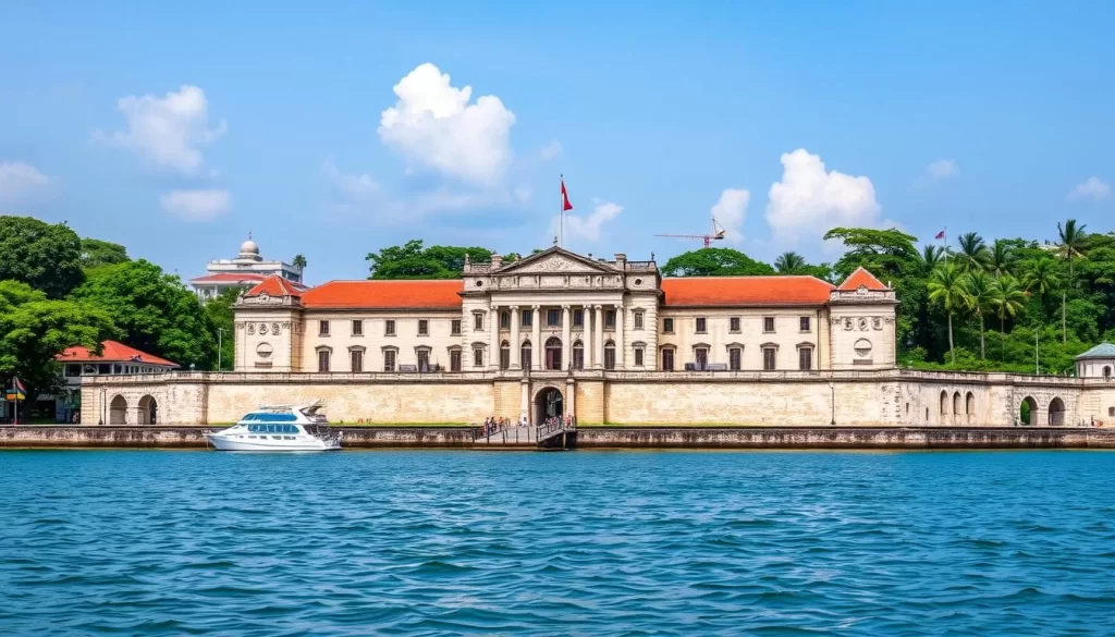 Generate an image of Fort Cornwallis in Penang, Malaysia, showcasing its historical architecture and the surrounding Esplanade.