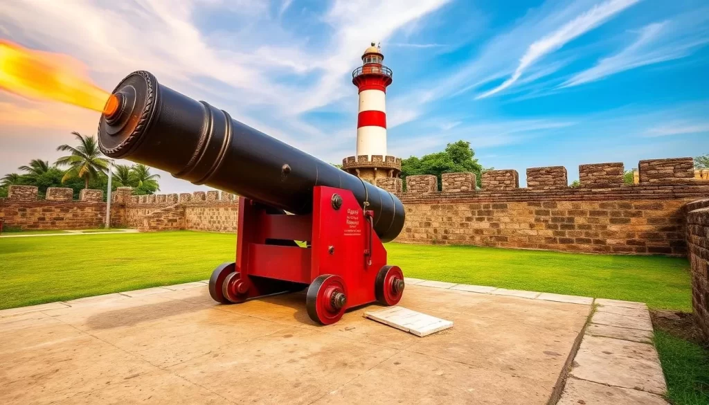 Generate an image of Fort Cornwallis with the famous Sri Rambai Cannon and the ship mast-shaped lighthouse in the background.