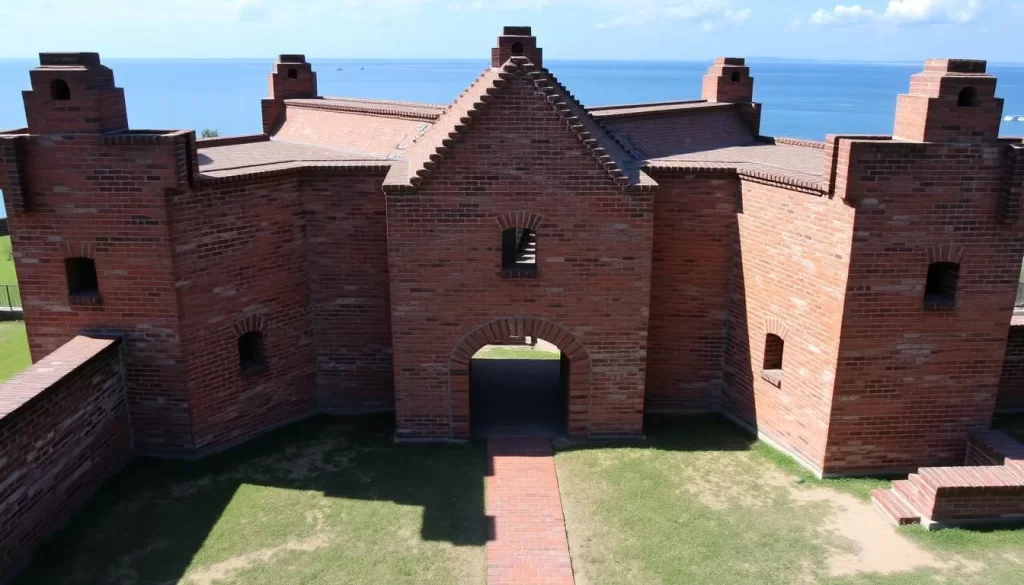 Generate an image of Fort Morgan Historic Site with its star-shaped brick structure and the Mobile Bay view.