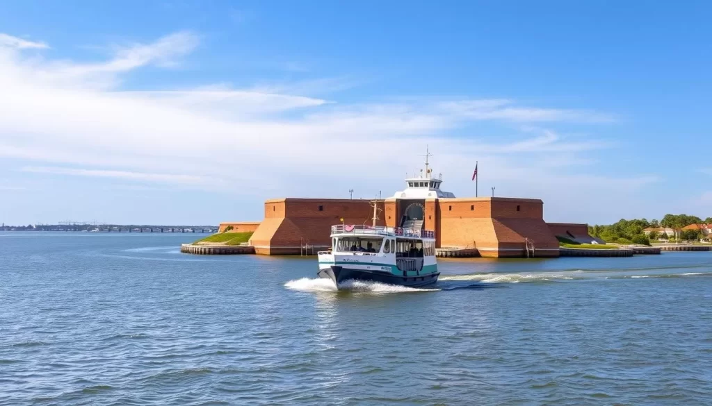 Generate an image of Fort Sumter National Monument with a ferry approaching the fort.