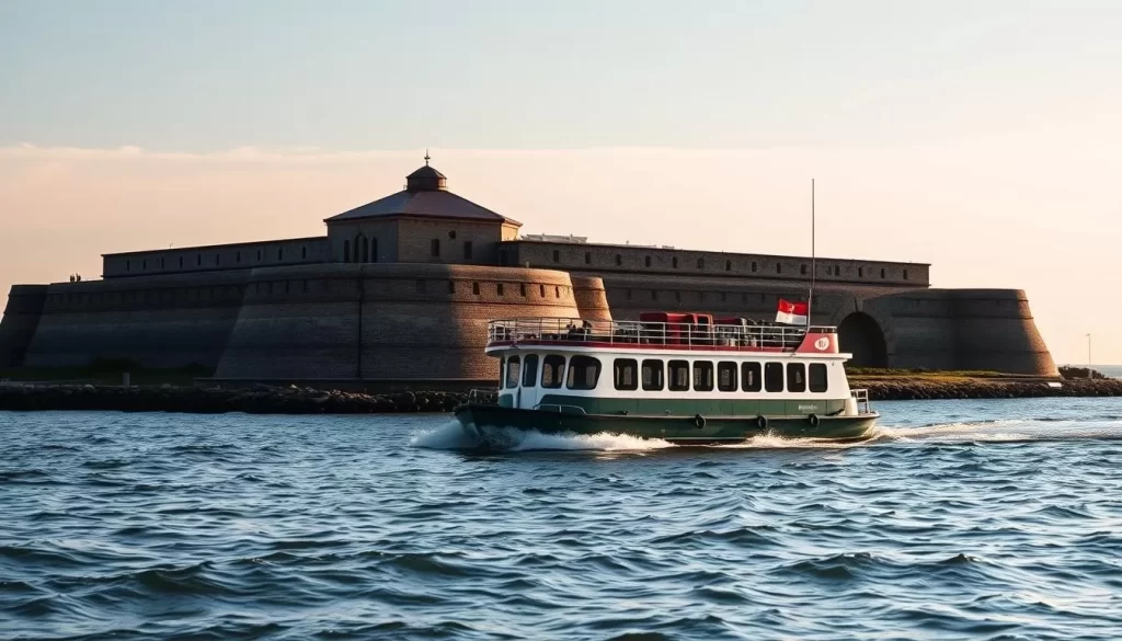 Generate an image of Fort Sumter with a ferry approaching the fort.