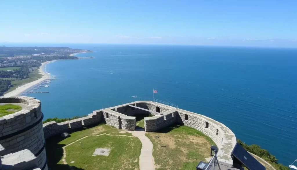 Generate an image of Fort Wetherill State Park with its historic military fortifications and scenic cliffside views.
