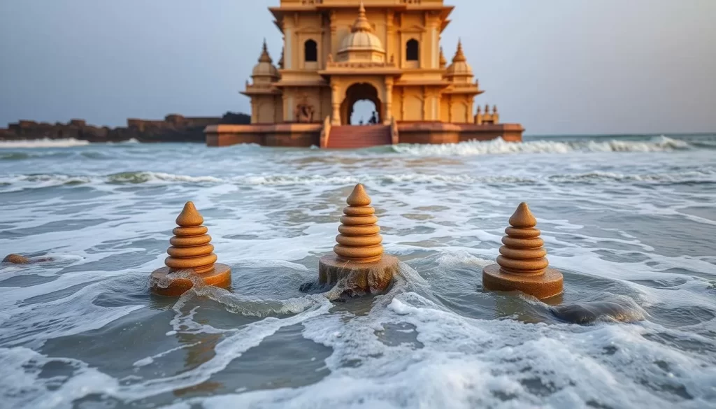 Generate an image of Gangeshwar Temple in Diu with seawater washing over the lingams.