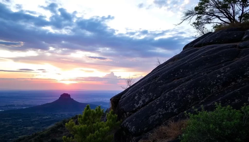 Generate an image of Gangilonga Rock at sunset with panoramic views of Iringa.