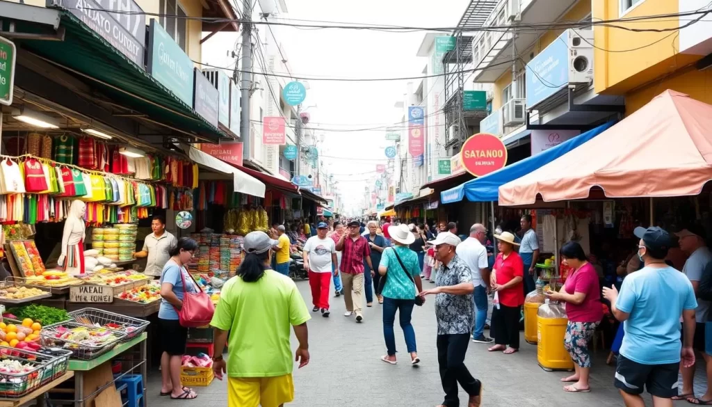 Generate an image of Gaya Street Sunday Market in Kota Kinabalu, with vibrant stalls and street performers.