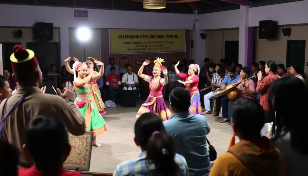 Generate an image of Gelanggang Seni Cultural Centre in Kota Bharu, showcasing a traditional Malaysian cultural performance.