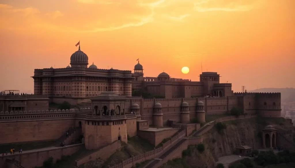 Generate an image of Golconda Fort at sunset, highlighting its grandeur and historical significance.
