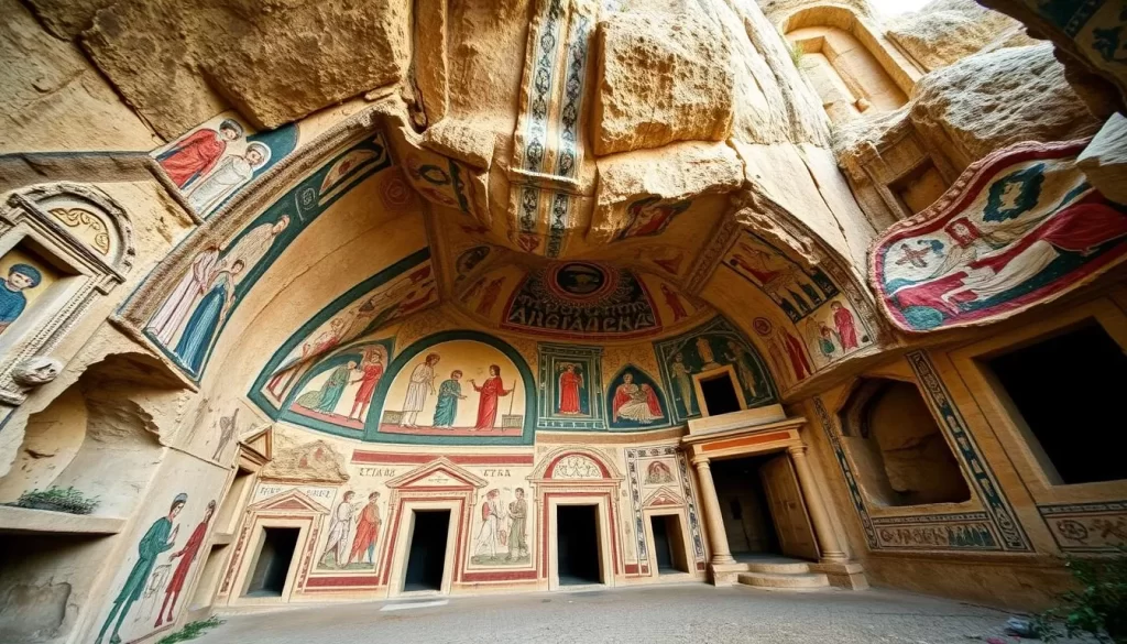 Generate an image of Göreme Open-Air Museum's interior, showcasing its ancient cave churches and frescoes.