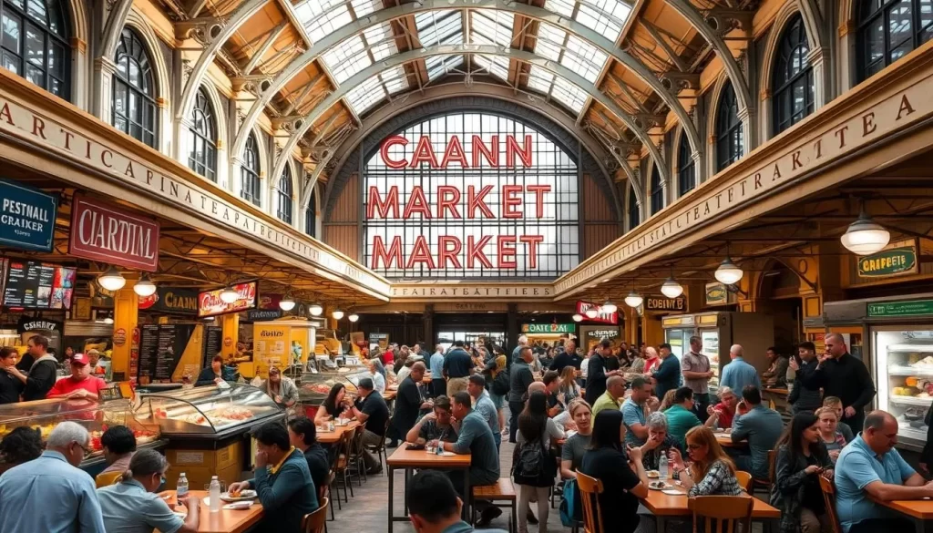 Generate an image of Grand Central Market's bustling interior with diverse vendors and communal seating.