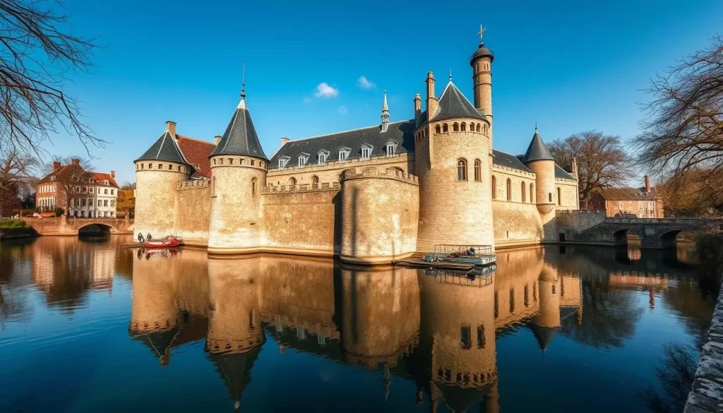 Generate an image of Gravensteen Castle, Ghent, Belgium, showcasing its medieval architecture and moat.