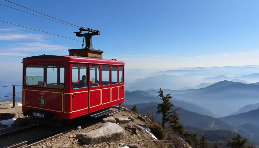 Generate an image of Gubałówka Hill funicular in Zakopane with a panoramic view of the Tatras.