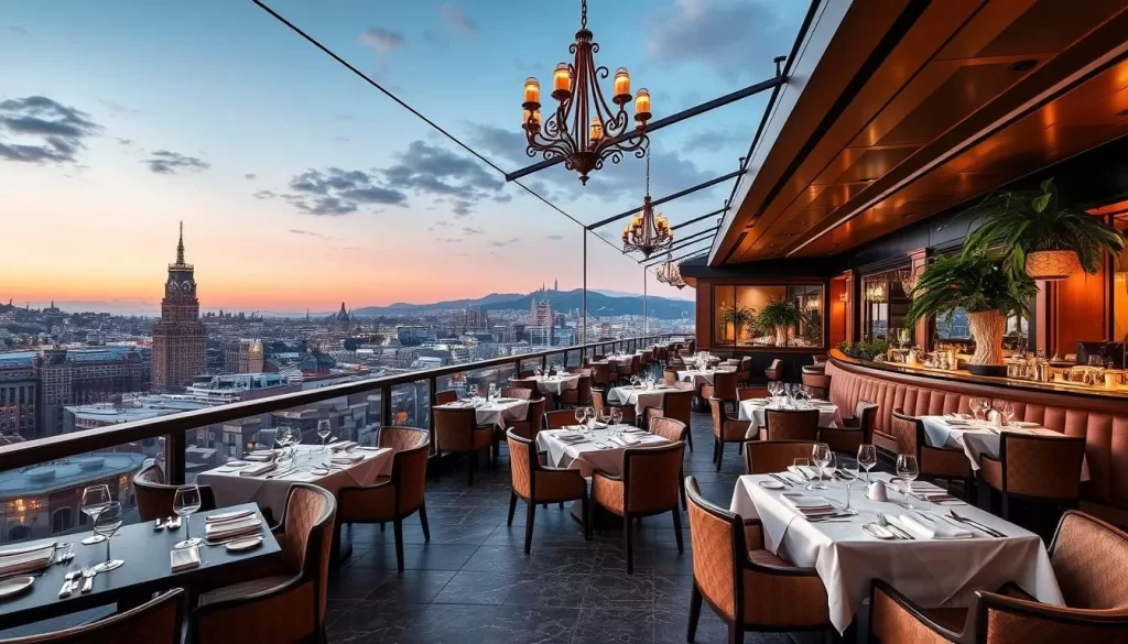 Generate an image of Gucci Osteria's rooftop dining area, highlighting its luxurious ambiance.