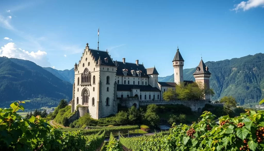 Generate an image of Gutenberg Castle in Balzers, Liechtenstein, showcasing its medieval architecture and surrounding vineyards.
