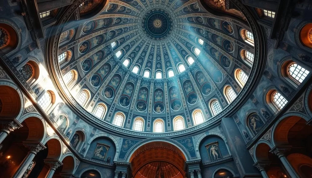 Generate an image of Hagia Sophia's interior, showcasing its massive dome and intricate mosaics.