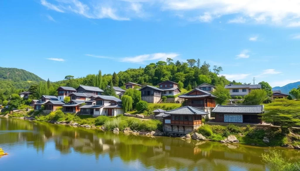 Generate an image of Hahoe Folk Village with traditional Korean houses and a serene river