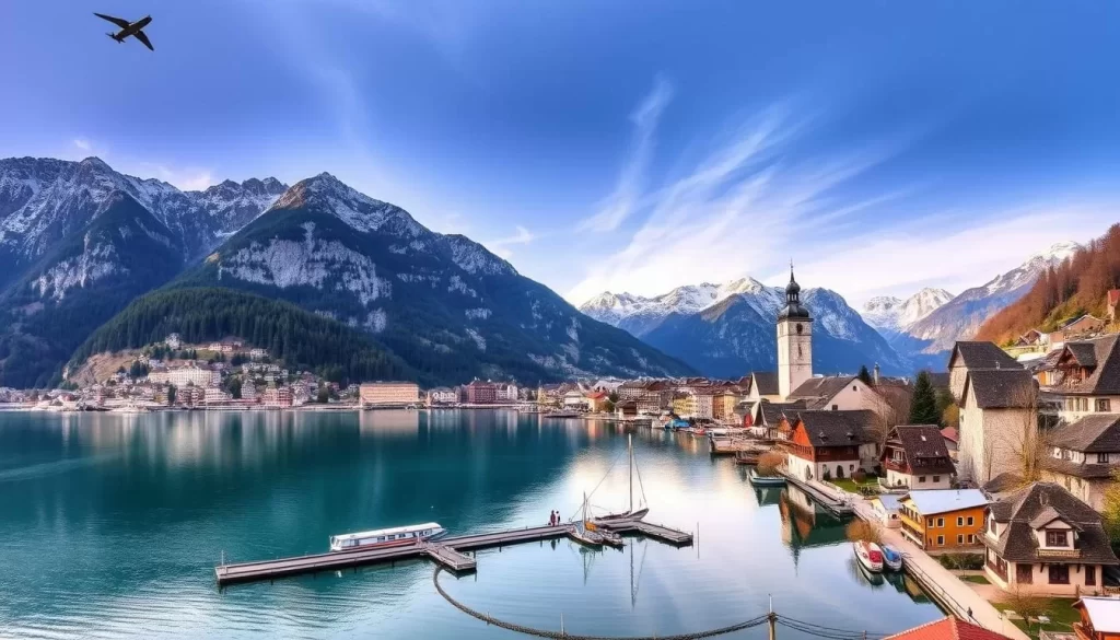 Generate an image of Hallstatt village nestled between Hallstatt Lake and the Dachstein Mountains.