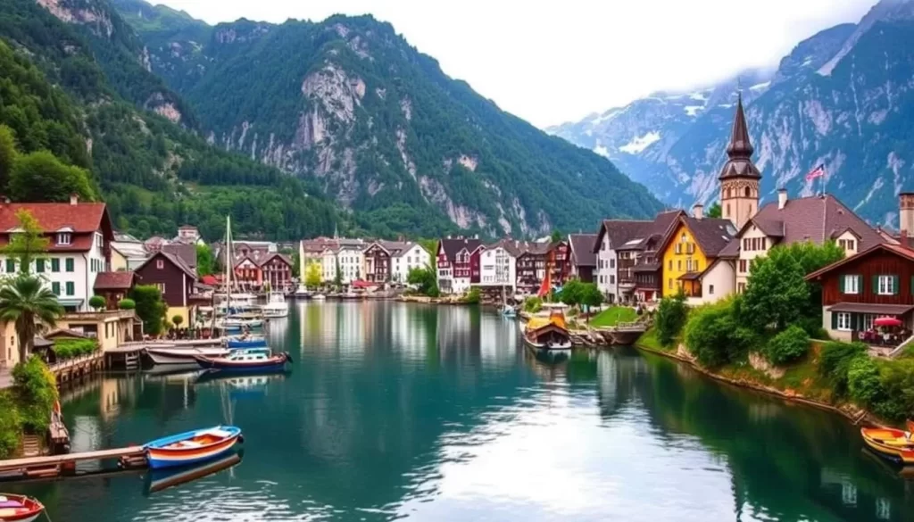 Generate an image of Hallstatt village with its traditional houses and boats on Lake Hallstätter See.