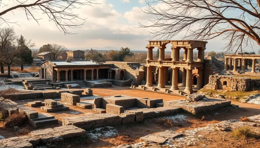 Generate an image of Hampi's ruins during winter