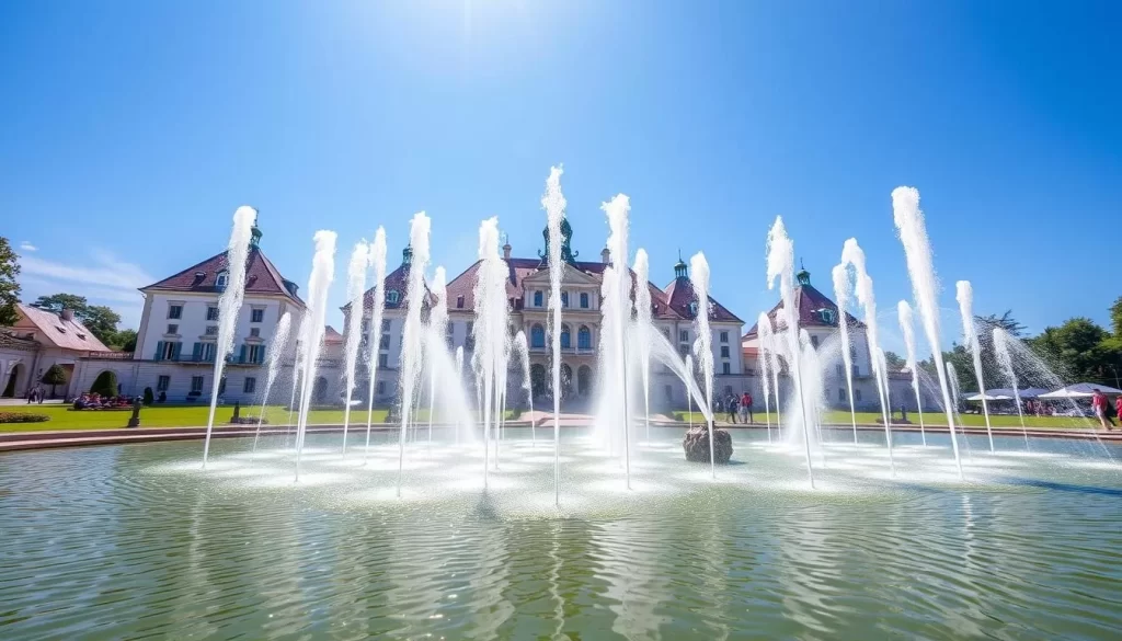 Generate an image of Hellbrunn Palace with its famous trick fountains in action on a sunny summer day.