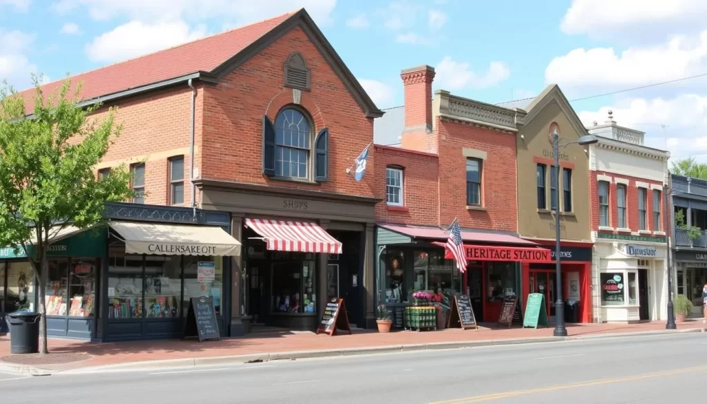 Generate an image of Heritage Station Shops, highlighting its historic charm and the variety of local businesses.