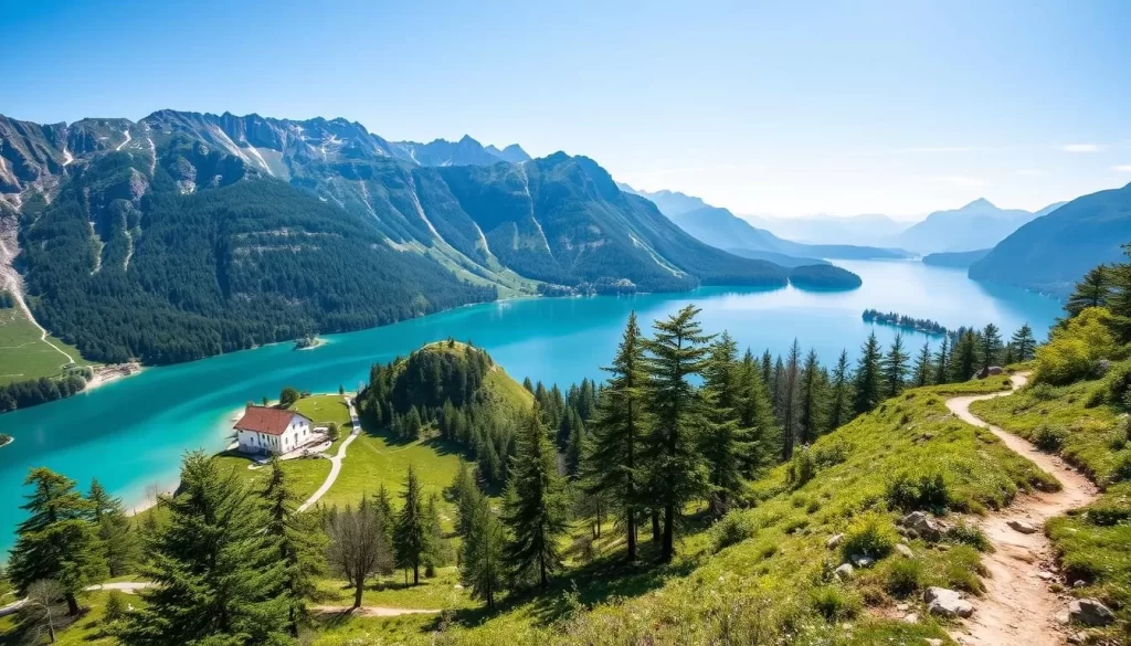 Generate an image of Hintersteinersee with its turquoise water surrounded by mountains and hiking trails.