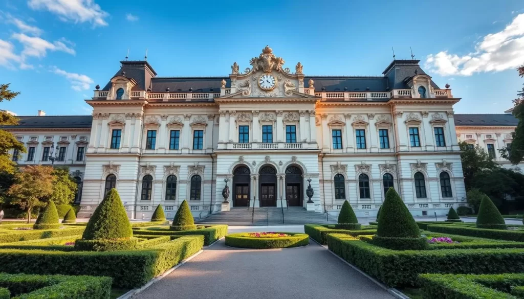 Generate an image of Hofburg Palace's grand facade with its beautifully maintained gardens.